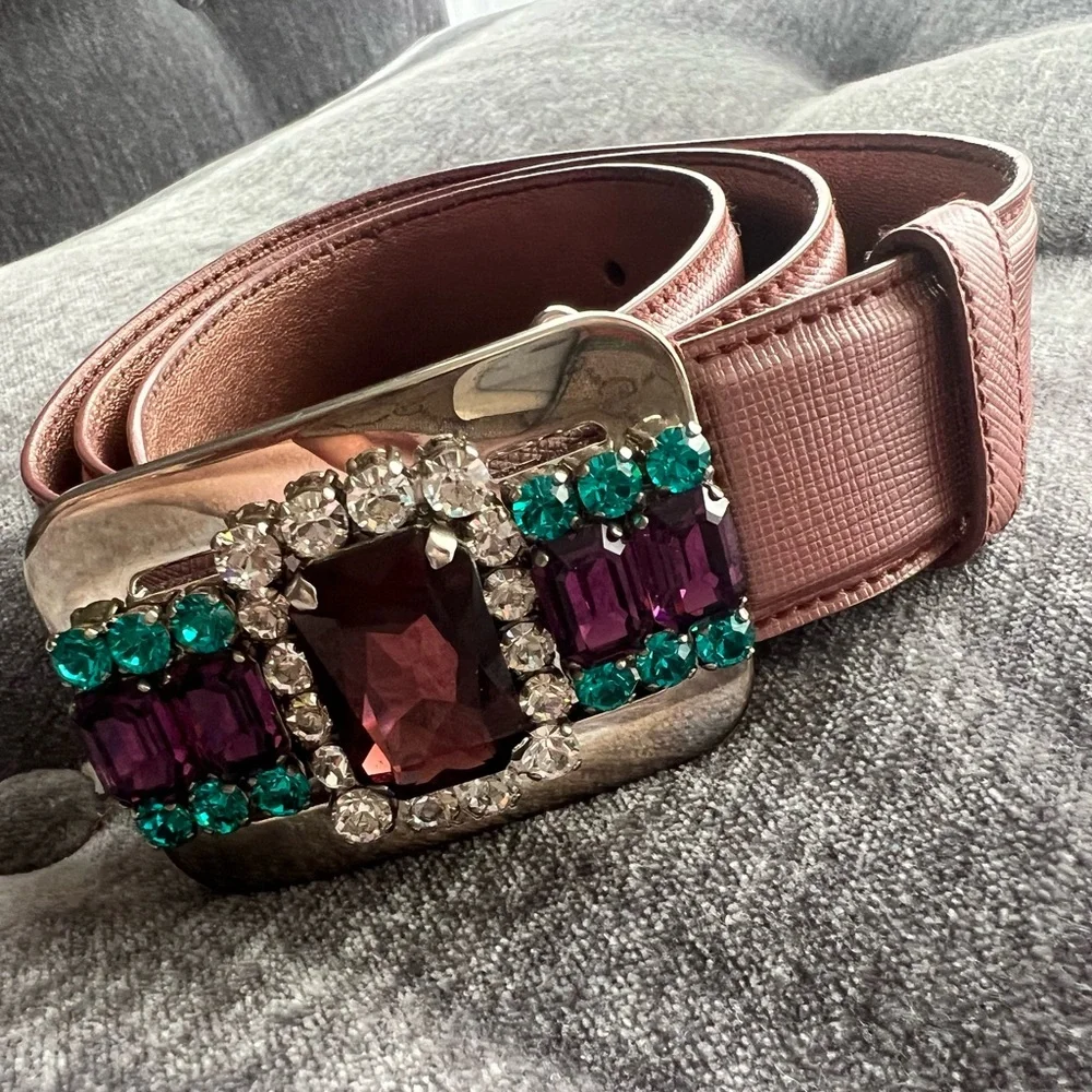 Auth. PRADA metallic dust pink leather belt with stone buckle, new without tags - Picture 10 of 13